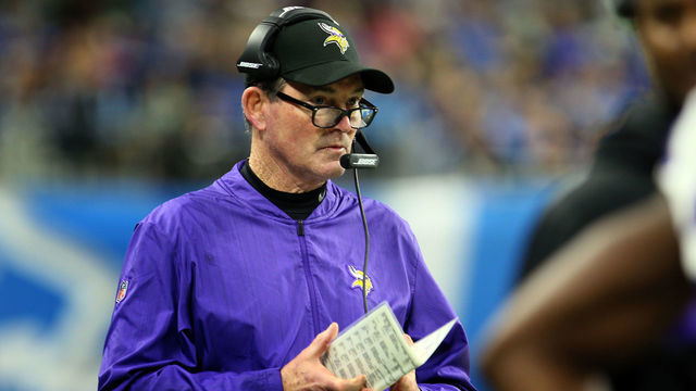 Minnesota Vikings head coach Mike Zimmer looks on from the sidelines during the second half of an NFL football game against the Detroit Lions in Detroit, Michigan USA, on Sunday, December 23, 2018.