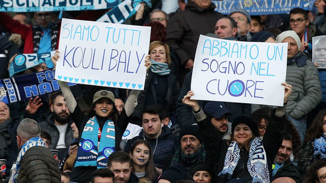 NAPLES, ITALY - DECEMBER 29: SSC Napoli supporters show their support to Kalidou Koulibaly before the Serie A match between SSC Napoli and Bologna FC at Stadio San Paolo on December 29, 2018 in Naples, Italy.