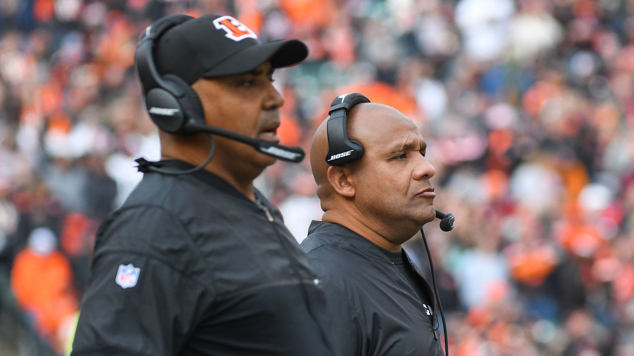 CINCINNATI, OH - NOVEMBER 25, 2018: Head coach Marvin Lewis and special assistant to the head coach Hue Jackson of the Cincinnati Bengals watch the action from the sideline in the second quarter of a game against the Cleveland Browns on November 25, 2018 at Paul Brown Stadium in Cincinnati, Ohio. Cleveland won 35-20. (Photo by: 2018 Nick Cammett/Diamond Images/Getty Images)