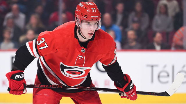 MONTREAL, QC - DECEMBER 13: Carolina Hurricanes right wing Andrei Svechnikov (37) waits for a faceoff during the Carolina Hurricanes versus the Montreal Canadiens game on December 13, 2018, at Bell Centre in Montreal, QC