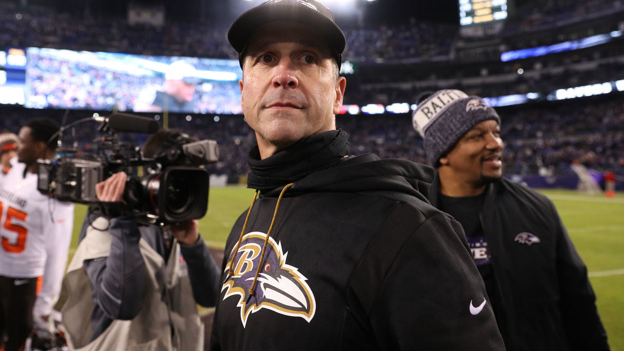 BALTIMORE, MARYLAND - DECEMBER 30: Head Coach John Harbaugh of the Baltimore Ravens stands on the field after the Baltimore Ravens 26-24 win over Cleveland Browns at M&T Bank Stadium on December 30, 2018 in Baltimore, Maryland.