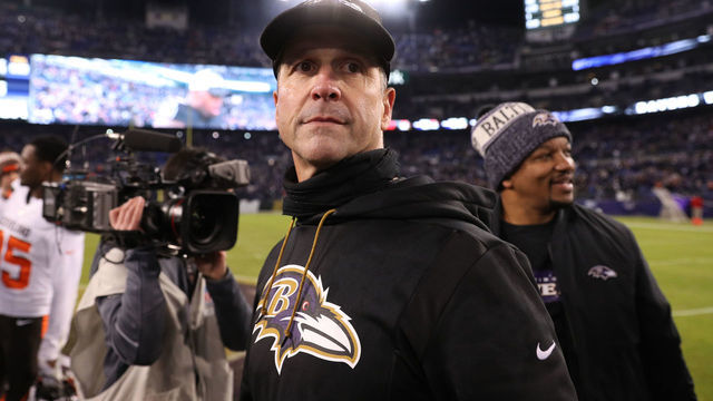 BALTIMORE, MARYLAND - DECEMBER 30: Head Coach John Harbaugh of the Baltimore Ravens stands on the field after the Baltimore Ravens 26-24 win over Cleveland Browns at M&T Bank Stadium on December 30, 2018 in Baltimore, Maryland.