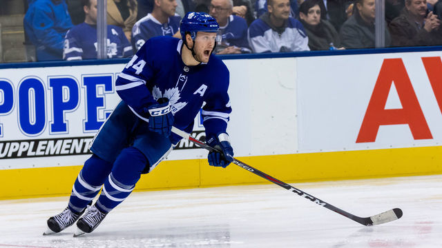 TORONTO, ON - DECEMBER 23: Morgan Rielly #44 of the Toronto Maple Leafs skates against the Detroit Red Wings during the third period at the Scotiabank Arena on December 23, 2018 in Toronto, Ontario, Canada.