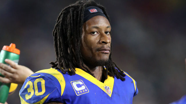 LOS ANGELES, CA - DECEMBER 16: Todd Gurley II #30 of the Los Angeles Rams looks on during the game against the Philadelphia Eagles at the Los Angeles Memorial Coliseum on December 16, 2018 in Los Angeles, California . The Eagles defeated the Rams 30-23.