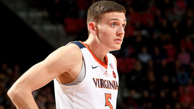 COLLEGE PARK, MD - NOVEMBER 28: Kyle Guy #5 of the Virginia Cavaliers rests during a break in the game against the Maryland Terrapins at Xfinity Center on November 28, 2018 in College Park, Maryland.