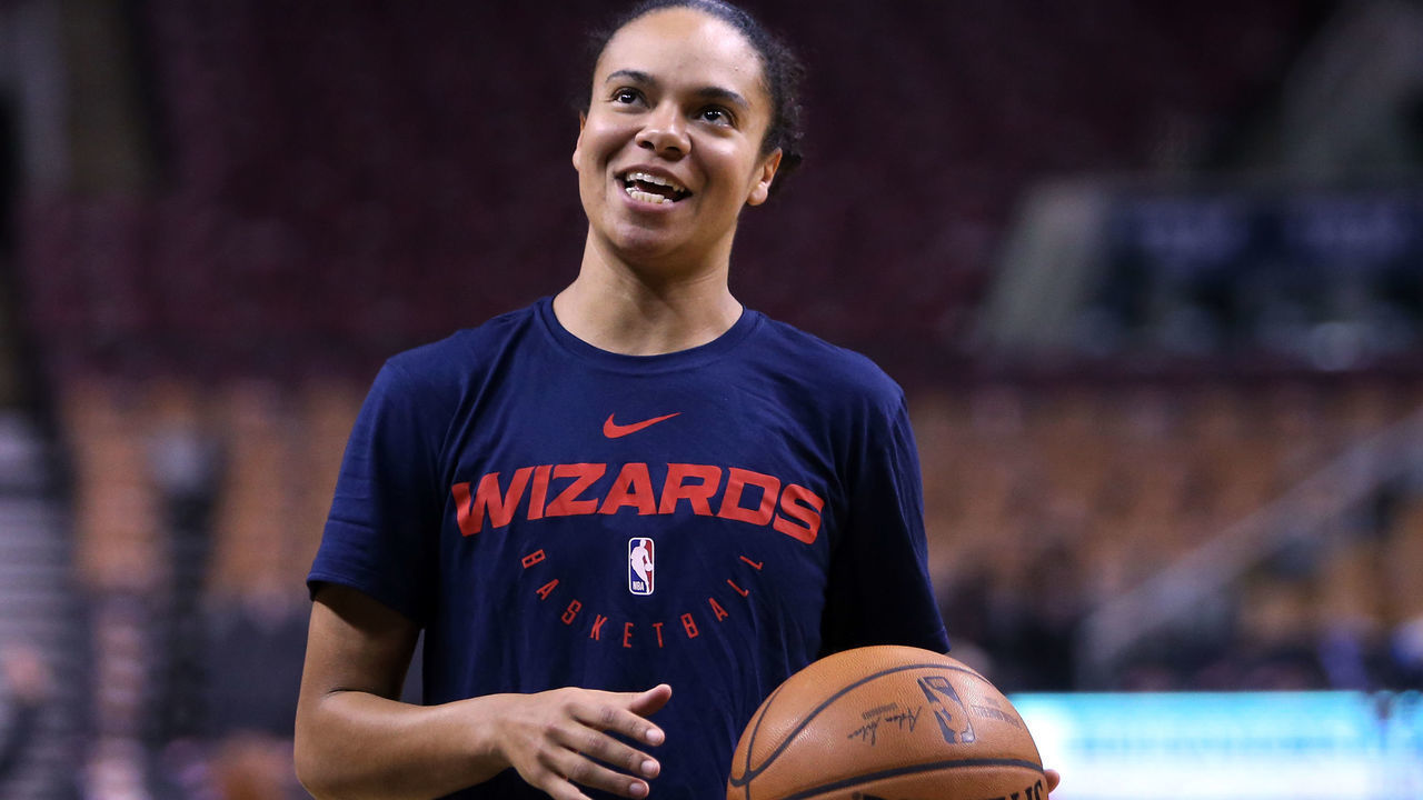 TORONTO, ON - NOVEMBER 23: Assistant Coach Kristi Toliver of the Washington Wizards looks on during warm up, prior to an NBA game against the Toronto Raptors at Scotiabank Arena on November 23, 2018 in Toronto, Canada.