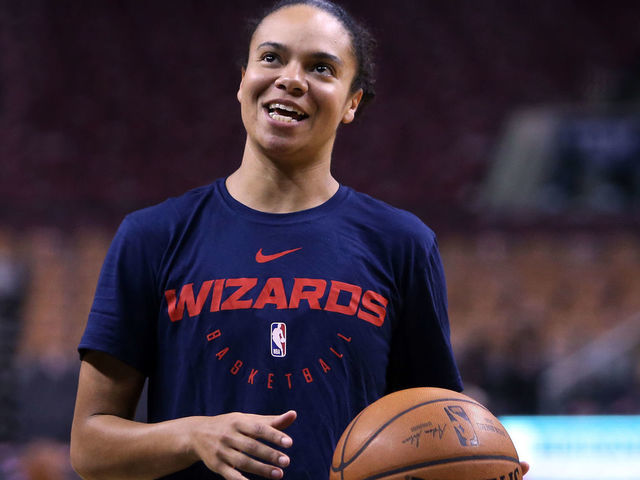 TORONTO, ON - NOVEMBER 23: Assistant Coach Kristi Toliver of the Washington Wizards looks on during warm up, prior to an NBA game against the Toronto Raptors at Scotiabank Arena on November 23, 2018 in Toronto, Canada.