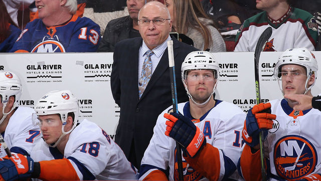 GLENDALE, ARIZONA - DECEMBER 18: Head coach Barry Trotz of the New York Islanders during the NHL game against the Arizona Coyotes at Gila River Arena on December 18, 2018 in Glendale, Arizona. The Islanders defeated the Coyotes 3-1.