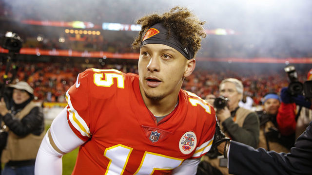 KANSAS CITY, MO - DECEMBER 30: Patrick Mahomes #15 of the Kansas City Chiefs looks for Oakland Raiders players to greet at the conclusion of the Chiefs' 35-3 victory at Arrowhead Stadium on December 30, 2018 in Kansas City, Missouri.
