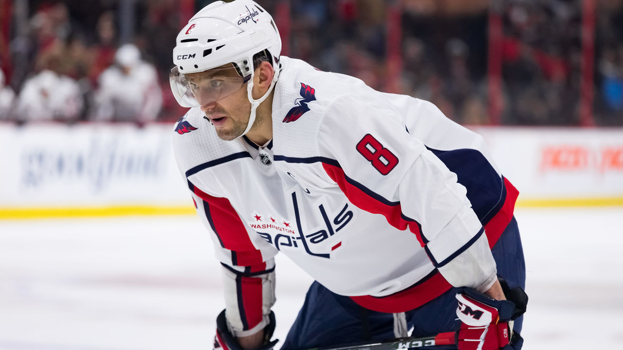OTTAWA, ON - DECEMBER 29: Washington Capitals Left Wing Alex Ovechkin (8) prepares for a face-off during third period National Hockey League action between the Washington Capitals and Ottawa Senators on December 29, 2018, at Canadian Tire Centre in Ottawa, ON, Canada.