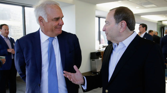 DALLAS, TX - JUNE 22: President of the Dallas Stars Jim Lites (L) speaks with NHL commissioner Gary Bettman (R) during the Coffee with the Commissioner event at the Dallas Regional Chamber Conference Center as part of the 2018 NHL Entry Draft on June 22, 2018 in Dallas, Texas.
