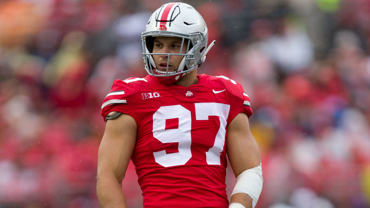 COLUMBUS, OH - SEPTEMBER 08: defensive end Nick Bosa (97) of the Ohio State Buckeyes stands during a timeout in a game between the Ohio State Buckeyes and the Rutgers Scarlet Nights on September 08, 2018 at Ohio Stadium in Columbus, Ohio.