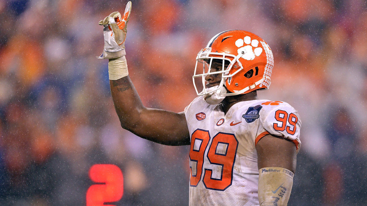 CHARLOTTE, NC - DECEMBER 01: Clelin Ferrell #99 of the Clemson Tigers reacts after making a tackle for a loss against the Pittsburgh Panthers during the first quarter of their game at Bank of America Stadium on December 1, 2018 in Charlotte, North Carolina.