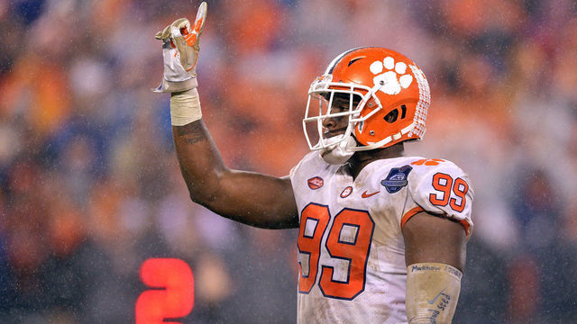 CHARLOTTE, NC - DECEMBER 01: Clelin Ferrell #99 of the Clemson Tigers reacts after making a tackle for a loss against the Pittsburgh Panthers during the first quarter of their game at Bank of America Stadium on December 1, 2018 in Charlotte, North Carolina.