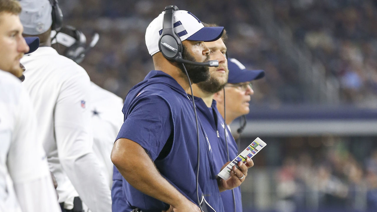 ARLINGTON, TX - AUGUST 18: Dallas Cowboys defensive coach Kris Richard watches from the sidelines during the game between the Dallas Cowboys and the Cincinnati Bengals on August 18, 2018 at AT&T Stadium in Arlington, Texas.Cincinnati defeats Dallas 21-13.