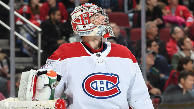 GLENDALE, AZ - DECEMBER 20: Goalie Carey Price #31 of the Montreal Canadiens looks at the scoreboard during a stop in play against the Arizona Coyotes at Gila River Arena on December 20, 2018 in Glendale, Arizona. Price earned his 300th career NHL win with a 2-1 victory over the Coyotes.