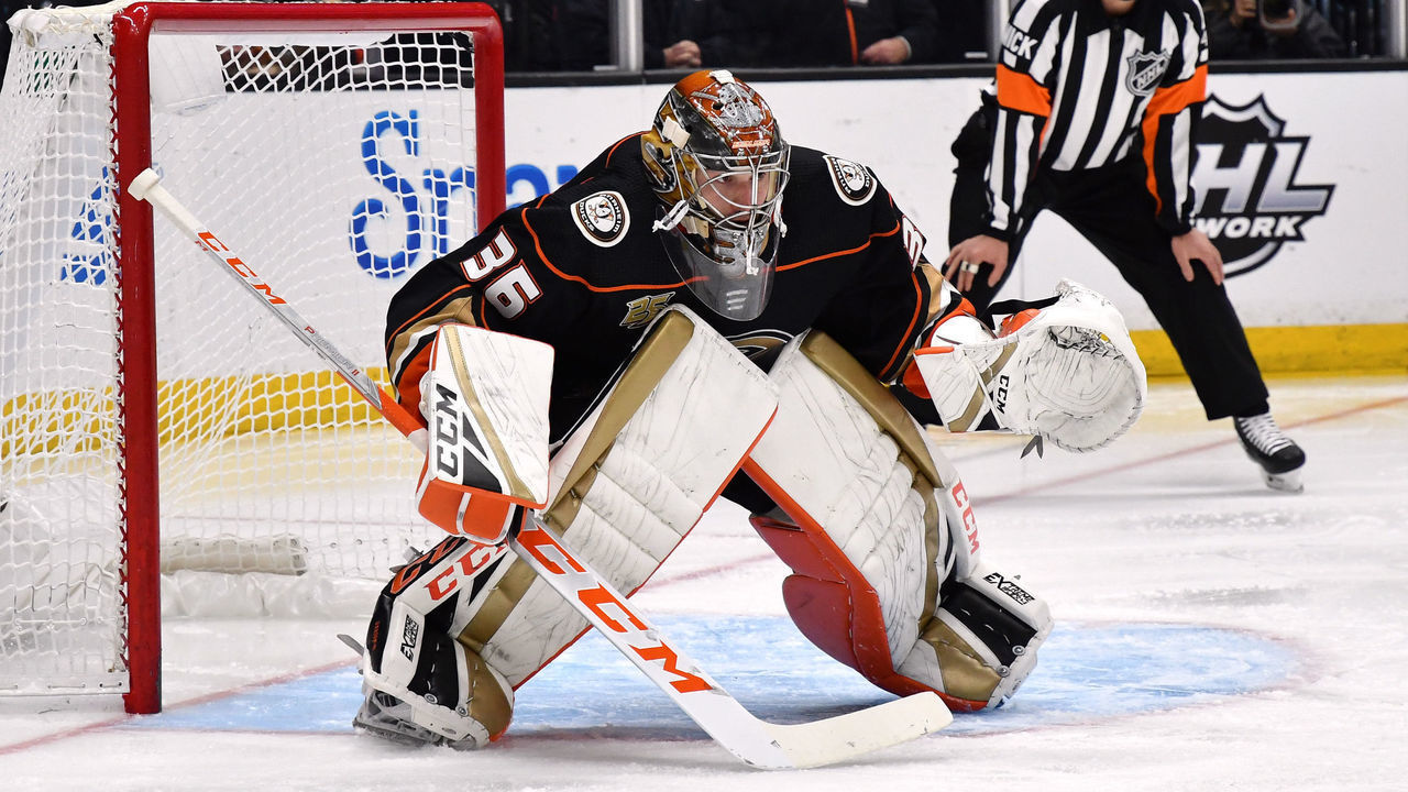 ANAHEIM, CA - DECEMBER 29: Anaheim Ducks goalie John Gibson (36) in action during the second period of a game against the Arizona Coyotes played on December 29, 2018 at the Honda Center in Anaheim, CA.