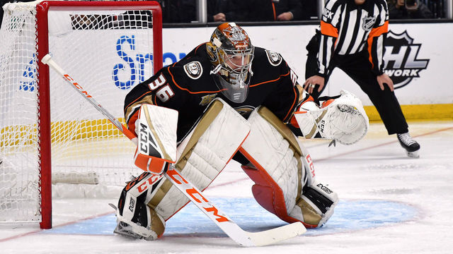 ANAHEIM, CA - DECEMBER 29: Anaheim Ducks goalie John Gibson (36) in action during the second period of a game against the Arizona Coyotes played on December 29, 2018 at the Honda Center in Anaheim, CA.