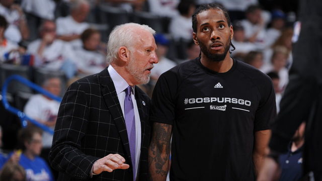 SSAN ANTONIO, TX - MAY 6: Gregg Popovich coaches Kawhi Leonard #2 of the San Antonio Spurs during the game against the Oklahoma City Thunder in Game Three of the Western Conference Semifinals of the 2016 NBA Playoffs on May 6, 2016 at the AT&T Center in San Antonio, Texas. Mandatory Copyright Notice: Copyright 2016 NBAE