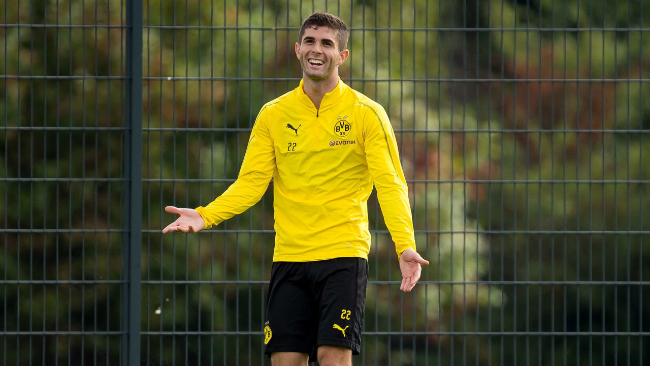 DORTMUND, GERMANY - SEPTEMBER 15: Christian Pulisic of Borussia Dortmund gestures during the Borussia Dortmund training session on September 15, 2018 in Dortmund, Germany.