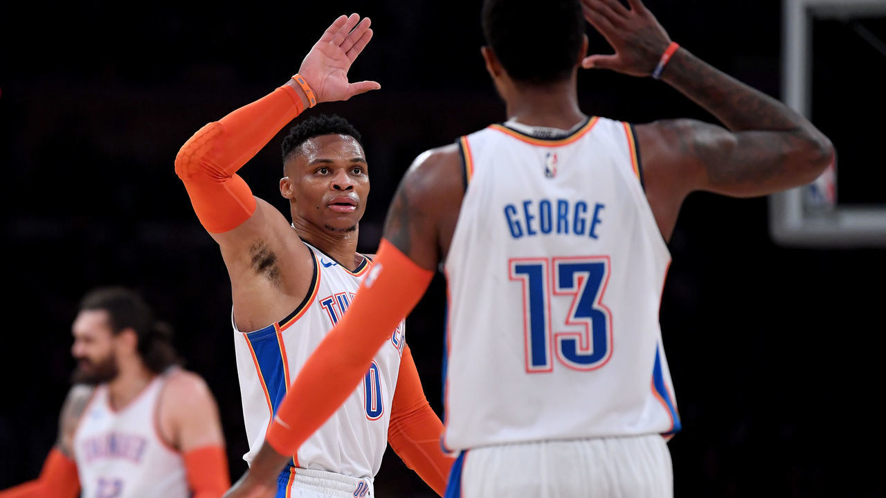 LOS ANGELES, CALIFORNIA - JANUARY 02: Russell Westbrook #0 and Paul George #13 of the Oklahoma City Thunder celebrate a dunk during the first half against the Los Angeles Lakers at Staples Center on January 02, 2019 in Los Angeles, California.