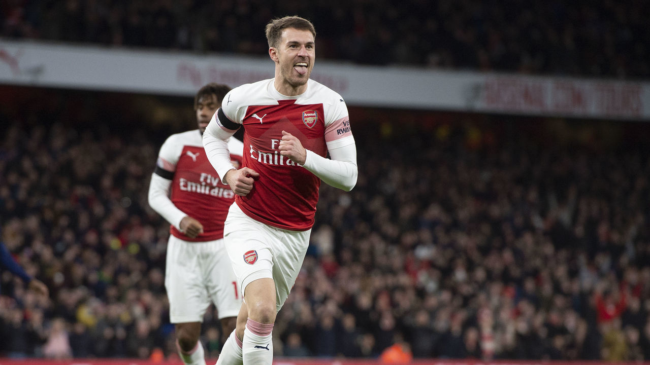 LONDON, ENGLAND - JANUARY 01: Aaron Ramsey of Arsenal celebrates his goal during the Premier League match between Arsenal FC and Fulham FC at Emirates Stadium on January 1, 2019 in London, United Kingdom.