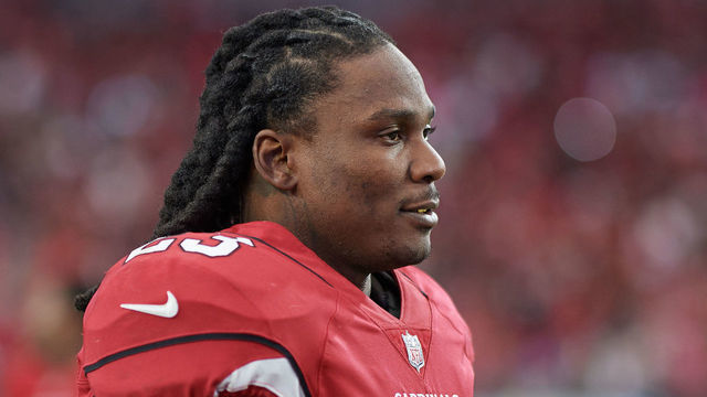 GLENDALE, AZ - OCTOBER 01: Arizona Cardinals running back Chris Johnson (23) looks on during the NFL game between the Arizona Cardinals and San Francisco 49ers at the University of Phoenix Stadium on October 1, 2017 in Glendale, Arizona.