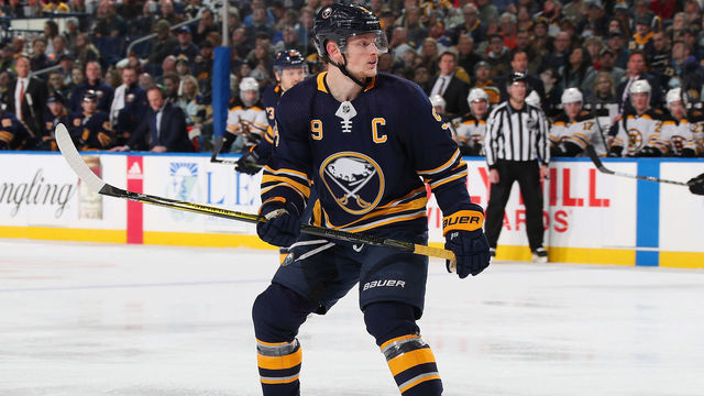 BUFFALO, NY - DECEMBER 29: Jack Eichel #9 of the Buffalo Sabres skates against the Boston Bruins during an NHL game on December 29, 2018 at KeyBank Center in Buffalo, New York.