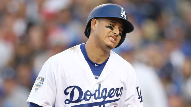 LOS ANGELES, CA - OCTOBER 28: Manny Machado #8 of the Los Angeles Dodgers reacts after striking out during the first inning of Game 5 of the 2018 World Series against the Boston Red Sox at Dodger Stadium on Sunday, October 28, 2018 in Los Angeles, California.