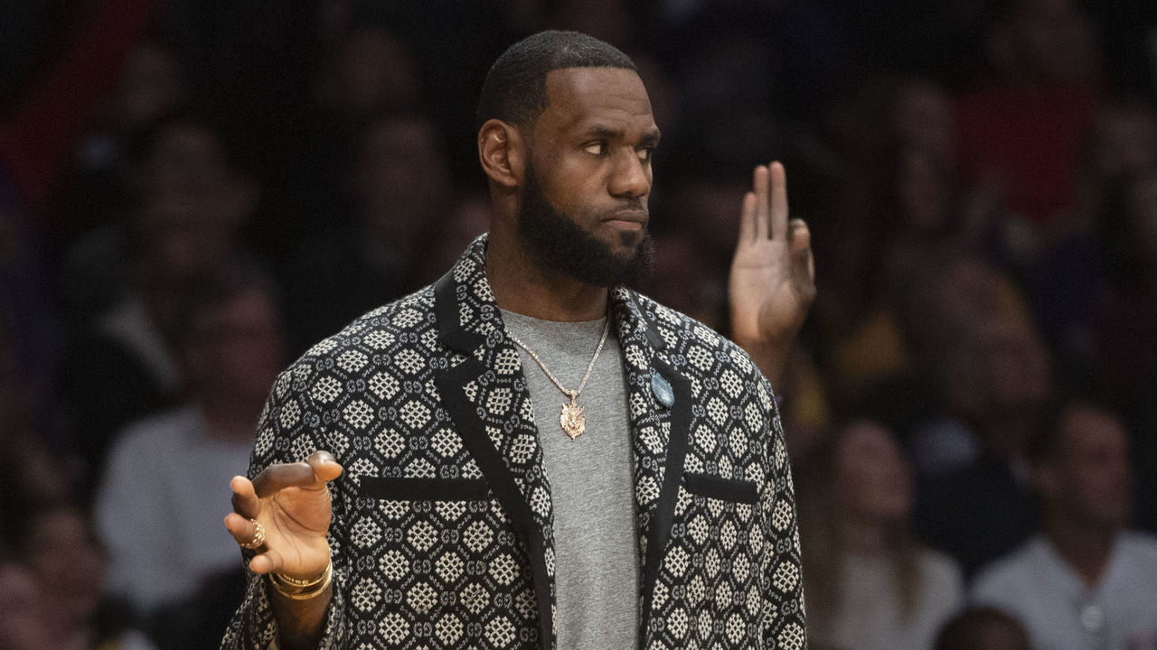 LOS ANGELES, CA - JANUARY 02: The Los Angeles Lakers' Lebron James celebrates a three-pointer from the bench during the second half of their NBA game against the Oklahoma City Thunder at Staples Center in Los Angeles on Wednesday, January 2, 2019.