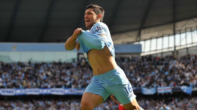 Barclays Premier League, Manchester City v Queens Park Rangers, Etihad Stadium, Manchester City's Sergio Aguero celebrates scoring the winning goal