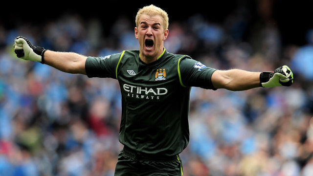 MANCHESTER, ENGLAND - MAY 13: Goalkeeper Joe Hart of Manchester City celebrates winning the title as the final whistle blows during the Barclays Premier League match between Manchester City and Queens Park Rangers at the Etihad Stadium on May 13, 2012 in Manchester, England.
