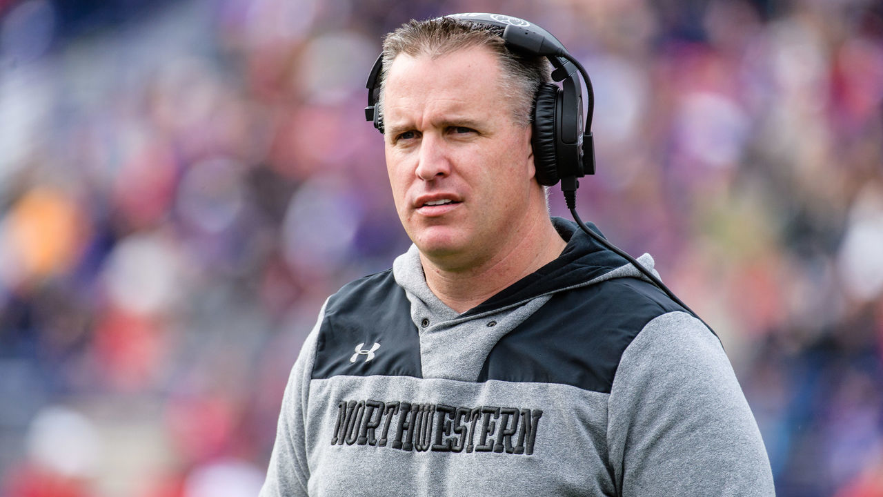 EVANSTON, IL - OCTOBER 27: Northwestern Wildcats head coach Pat Fitzgerald looks on during a college football game between the Wisconsin Badgers and the Northwestern Wildcats on October 27, 2018, at Ryan Field in Evanston, IL.