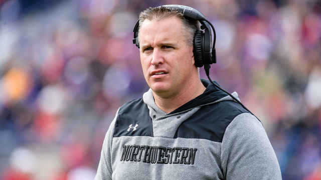 EVANSTON, IL - OCTOBER 27: Northwestern Wildcats head coach Pat Fitzgerald looks on during a college football game between the Wisconsin Badgers and the Northwestern Wildcats on October 27, 2018, at Ryan Field in Evanston, IL.