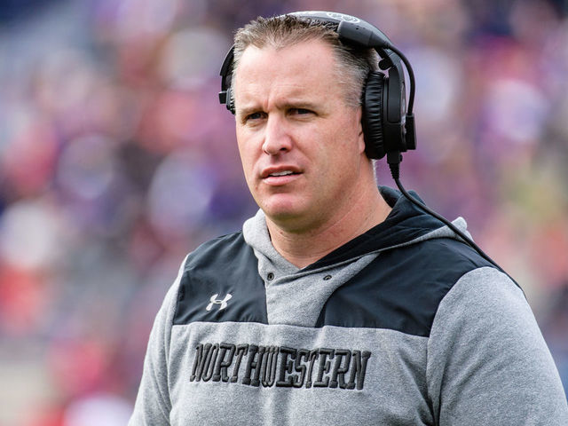 EVANSTON, IL - OCTOBER 27: Northwestern Wildcats head coach Pat Fitzgerald looks on during a college football game between the Wisconsin Badgers and the Northwestern Wildcats on October 27, 2018, at Ryan Field in Evanston, IL.