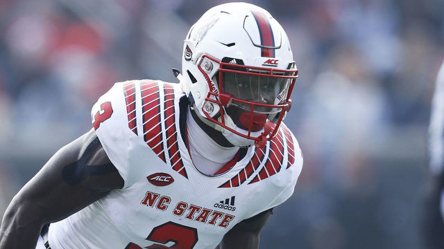 LOUISVILLE, KY - NOVEMBER 17: Kelvin Harmon #3 of the North Carolina State Wolfpack runs off the line against the Louisville Cardinals during the game at Cardinal Stadium on November 17, 2018 in Louisville, Kentucky. The Wolfpack won 52-10.