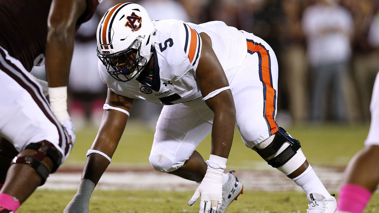 STARKVILLE, MS - OCTOBER 06: Derrick Brown #5 of the Auburn Tigers defends during a game against the Mississippi State Bulldogs at Davis Wade Stadium on October 6, 2018 in Starkville, Mississippi.
