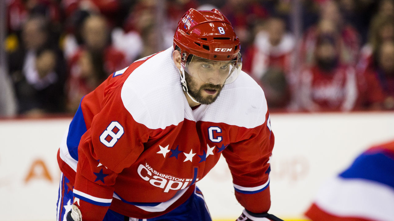WASHINGTON, DC - DECEMBER 19: Washington Capitals left wing Alex Ovechkin (8) in the face off circle during a NHL game between the Washington Capitals and the Pittsburgh Penguins on December 19, 2018, at Capital One Arena, in Washington, D.C.
