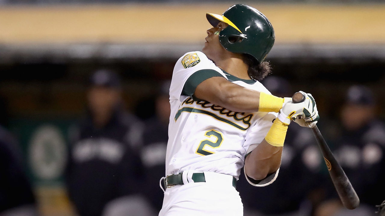 OAKLAND, CA - SEPTEMBER 05: Khris Davis #2 of the Oakland Athletics bats against the New York Yankees at Oakland Alameda Coliseum on September 5, 2018 in Oakland, California.