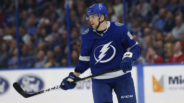 TAMPA, FL - DECEMBER 29: Tampa Bay Lightning defenseman Erik Cernak (81) in the first period of the NHL game between the Montreal Canadiens and Tampa Bay Lightning on December 29, 2018 at Amalie Arena in Tampa, FL.