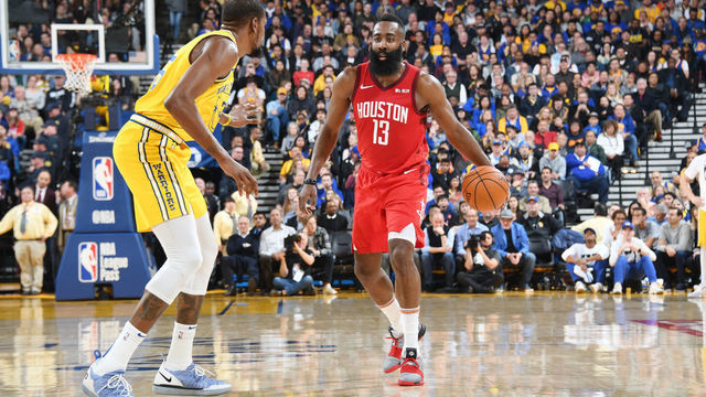 OAKLAND, CA - JANUARY 3: James Harden #13 of the Houston Rockets handles the ball against Kevin Durant #35 of the Golden State Warriors on January 3, 2019 at ORACLE Arena in Oakland, California. NOTE TO USER: User expressly acknowledges and agrees that, by downloading and or using this photograph, user is consenting to the terms and conditions of Getty Images License Agreement. Mandatory Copyright Notice: Copyright 2019 NBAE