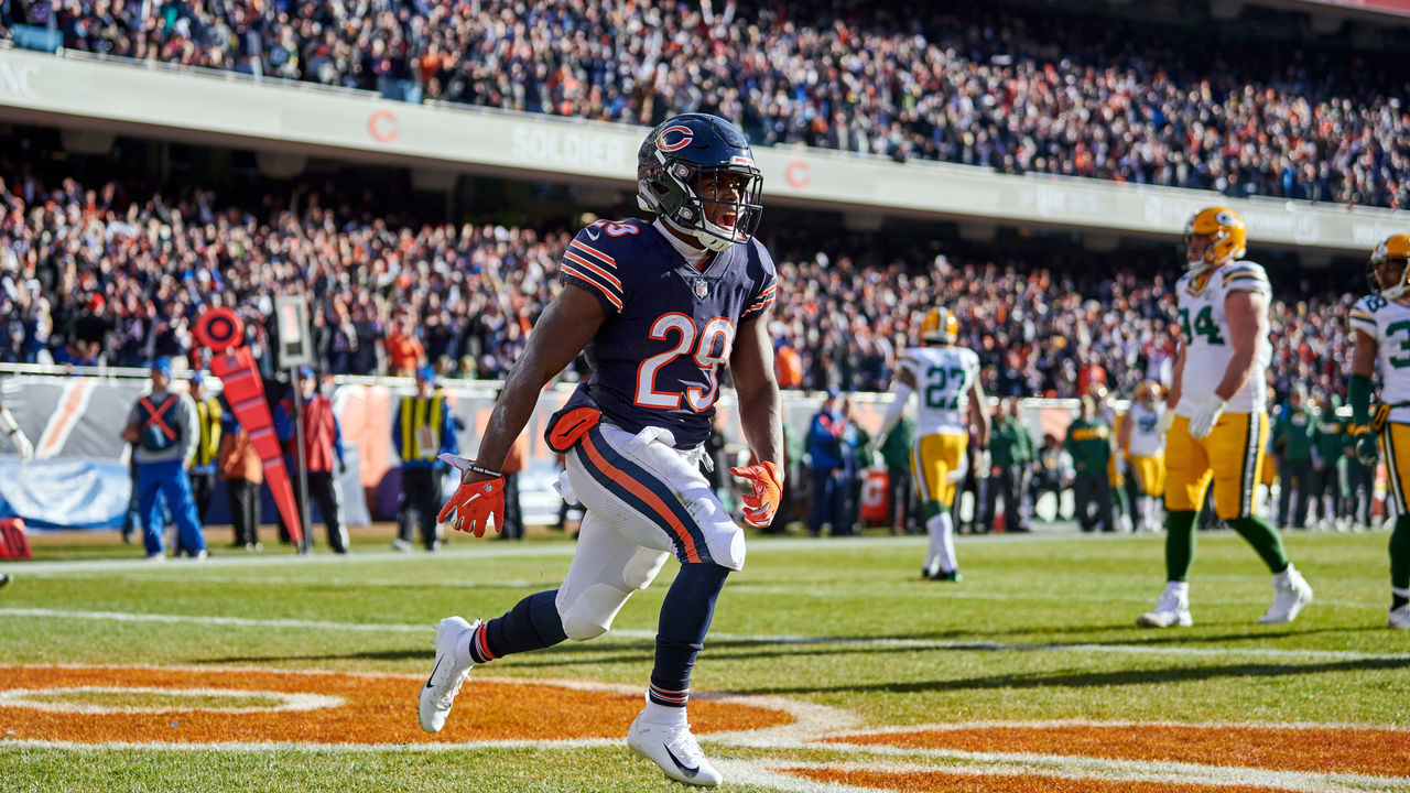 CHICAGO, IL - DECEMBER 16: Chicago Bears running back Tarik Cohen (29) celebrates after scoring a touchdown in action during an NFL game between the Green Bay Packers and the Chicago Bears on December 16, 2018 at Soldier Field in Chicago, IL.