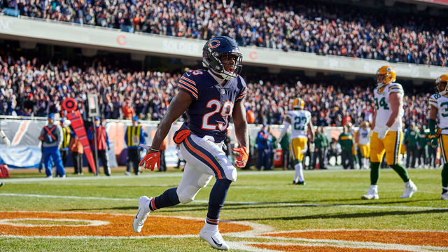CHICAGO, IL - DECEMBER 16: Chicago Bears running back Tarik Cohen (29) celebrates after scoring a touchdown in action during an NFL game between the Green Bay Packers and the Chicago Bears on December 16, 2018 at Soldier Field in Chicago, IL.