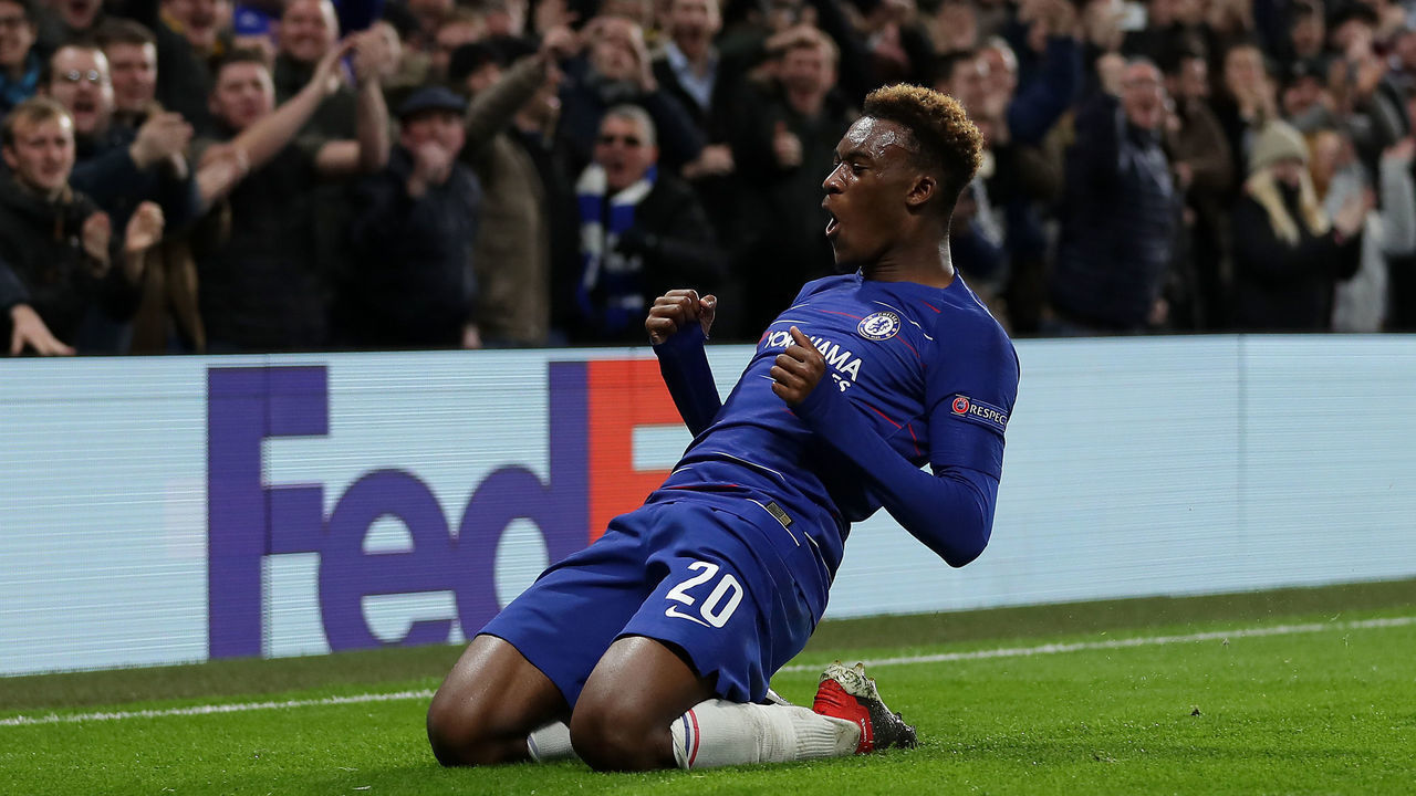 LONDON, ENGLAND - NOVEMBER 29: Callum Hudson-Odoi of Chelsea celebrates after scoring his team's third goal during the UEFA Europa League Group L match between Chelsea and PAOK at Stamford Bridge on November 29, 2018 in London, United Kingdom.