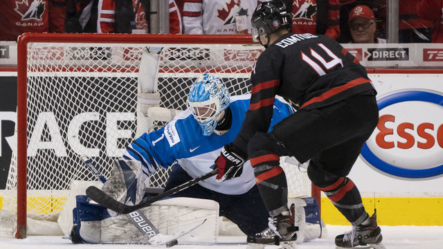 VANCOUVER, BC - JANUARY 2: Goalie Ukko-Pekka Luukkonen #1 of Finland stops Maxime Comtois #14 of Canada penalty shot attempt during overtime in Quarterfinal hockey action of the 2019 IIHF World Junior Championship on January, 2, 2019 at Rogers Arena in Vancouver, British Columbia, Canada.