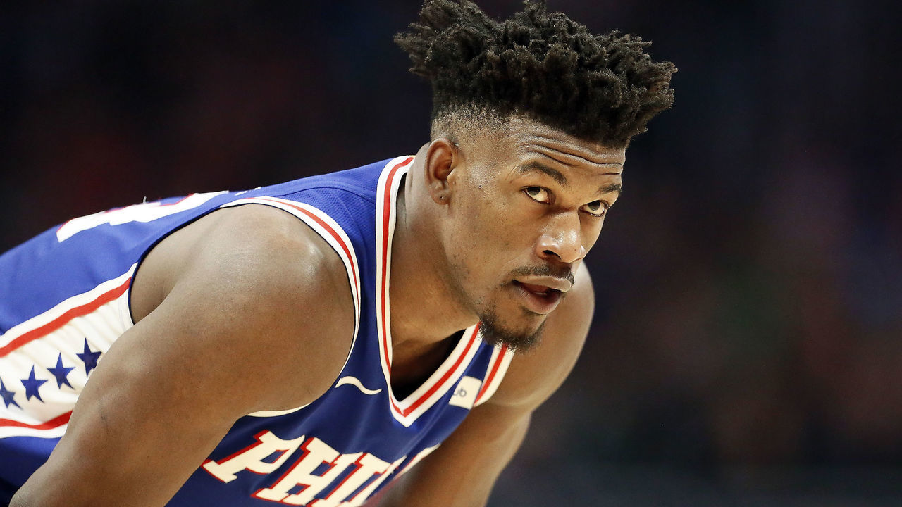 LOS ANGELES, CA - JAN 01: Jimmy Butler (23) of the Philadelphia 76ers rests during a game on January 01, 2019 at the Staples Center in Los Angeles, California.
