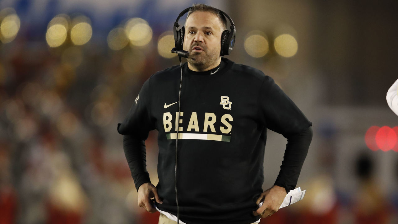 AMES, IA - NOVEMBER 10: Head coach Matt Rhule of the Baylor Bears coaches from the sidelines in the second half of play at Jack Trice Stadium on November 10, 2018 in Ames, Iowa. The Iowa State Cyclones won 28-14 over the Baylor Bears.