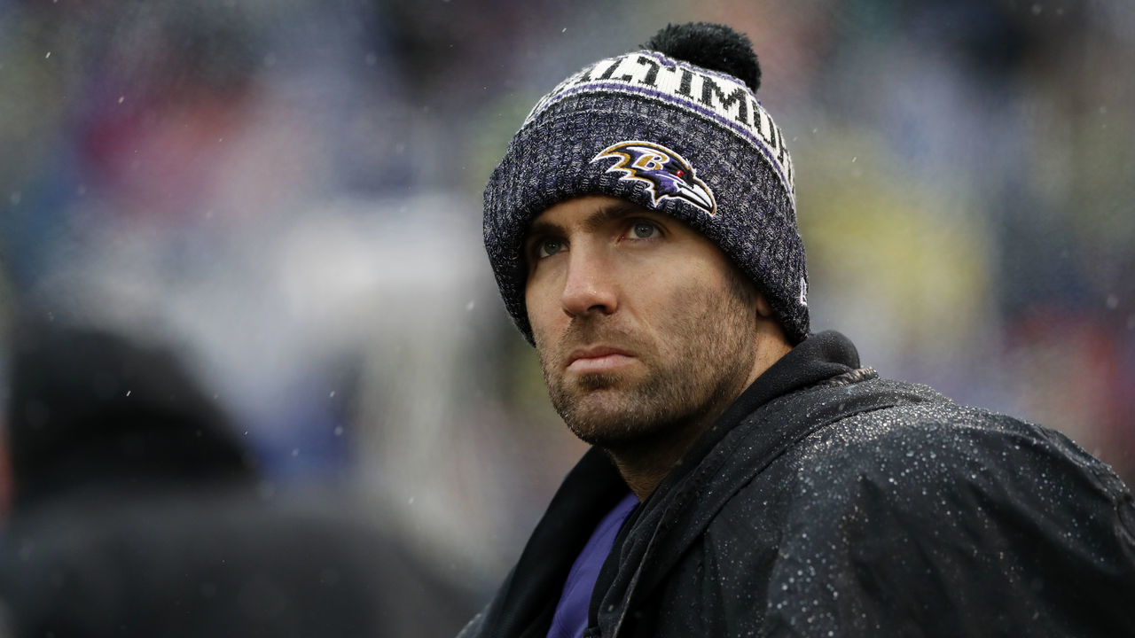 BALTIMORE, MARYLAND - DECEMBER 16: Quarterback Joe Flacco #5 of the Baltimore Ravens looks on from the sidelines during the first quarter against the Tampa Bay Buccaneers at M&T Bank Stadium on December 16, 2018 in Baltimore, Maryland.