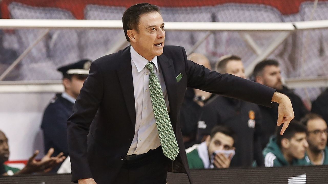 ATHENS, GREECE - JANUARY 04: Head coach of Panathinaikos Rick Pitino gives tactics to his players during Turkish Airlines Euroleague basketball match between Olympiacos and Panathinaikos at Peace and Friendship Stadium in Athens, Greece on January 04, 2019.