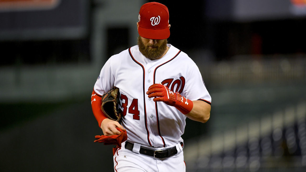 WASHINGTON, DC - SEPTEMBER 24: Washington Nationals center fielder Bryce Harper (34) jogs to the dugout in the game against the Miami Marlins at Nationals Park in the last home stand of the season September 24, 2018 in Washington, DC. The Nats won 7-3 over the Marlins.